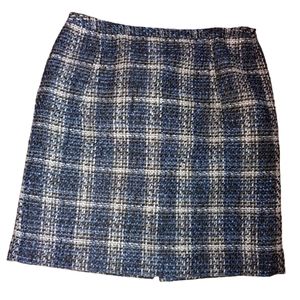 LOFT Side-Zip Tweed Aqua, Black, and White Plaid Skirt, Size 8